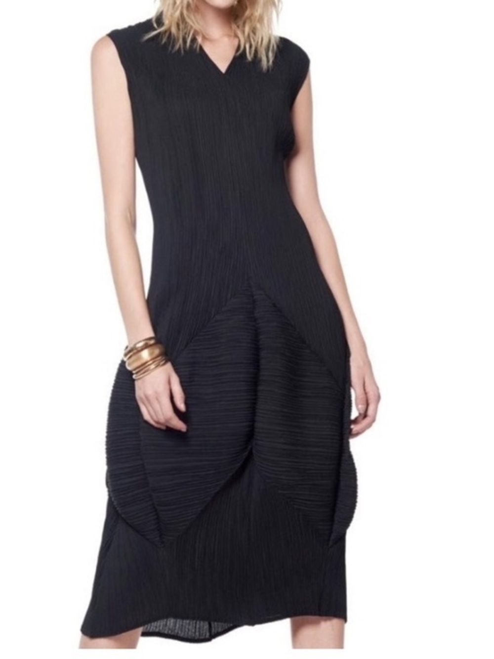 Gracia Black Pleated Sculptural Bubble Hem Midi Dress Women’s F Fit Most